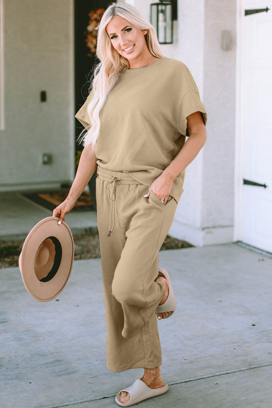 Double Take Full Size Texture Short Sleeve Top and Pants Set - MyEmpired