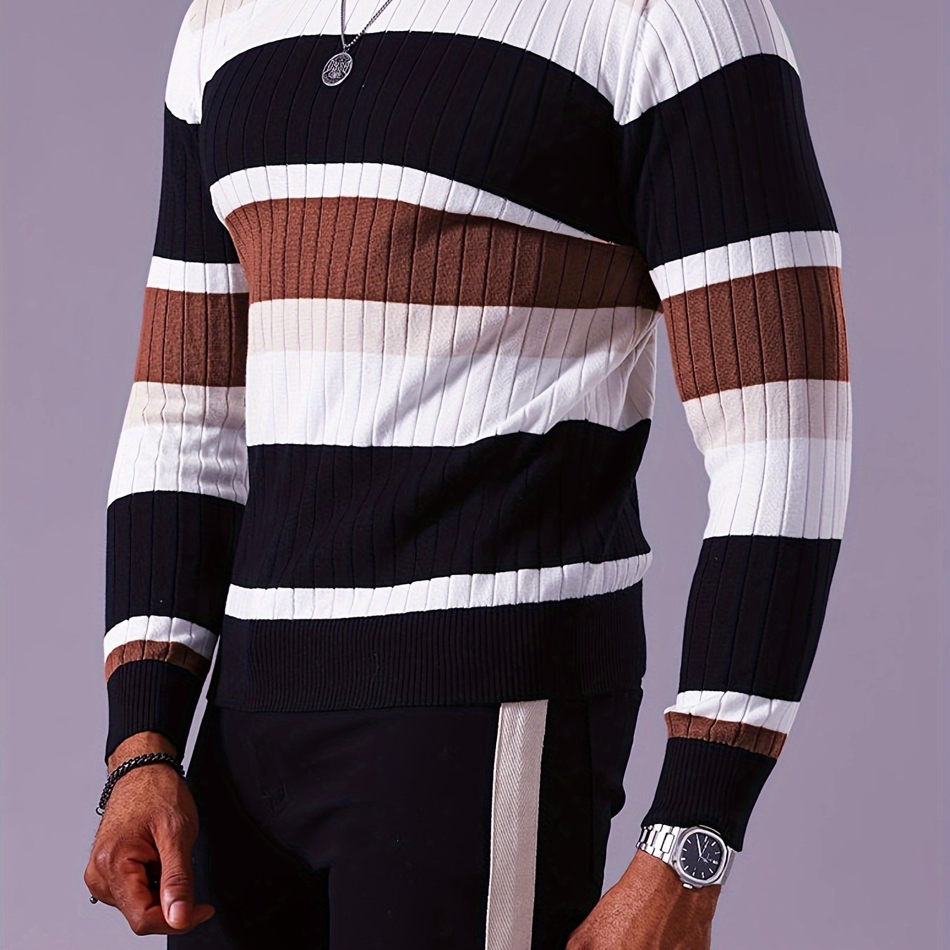 Men's Casual Striped Color Block Long Sleeve Knit Pullover - Round Neck, Machine Washable, Striped, Round Neck, Long Sleeve, Knit Sweater