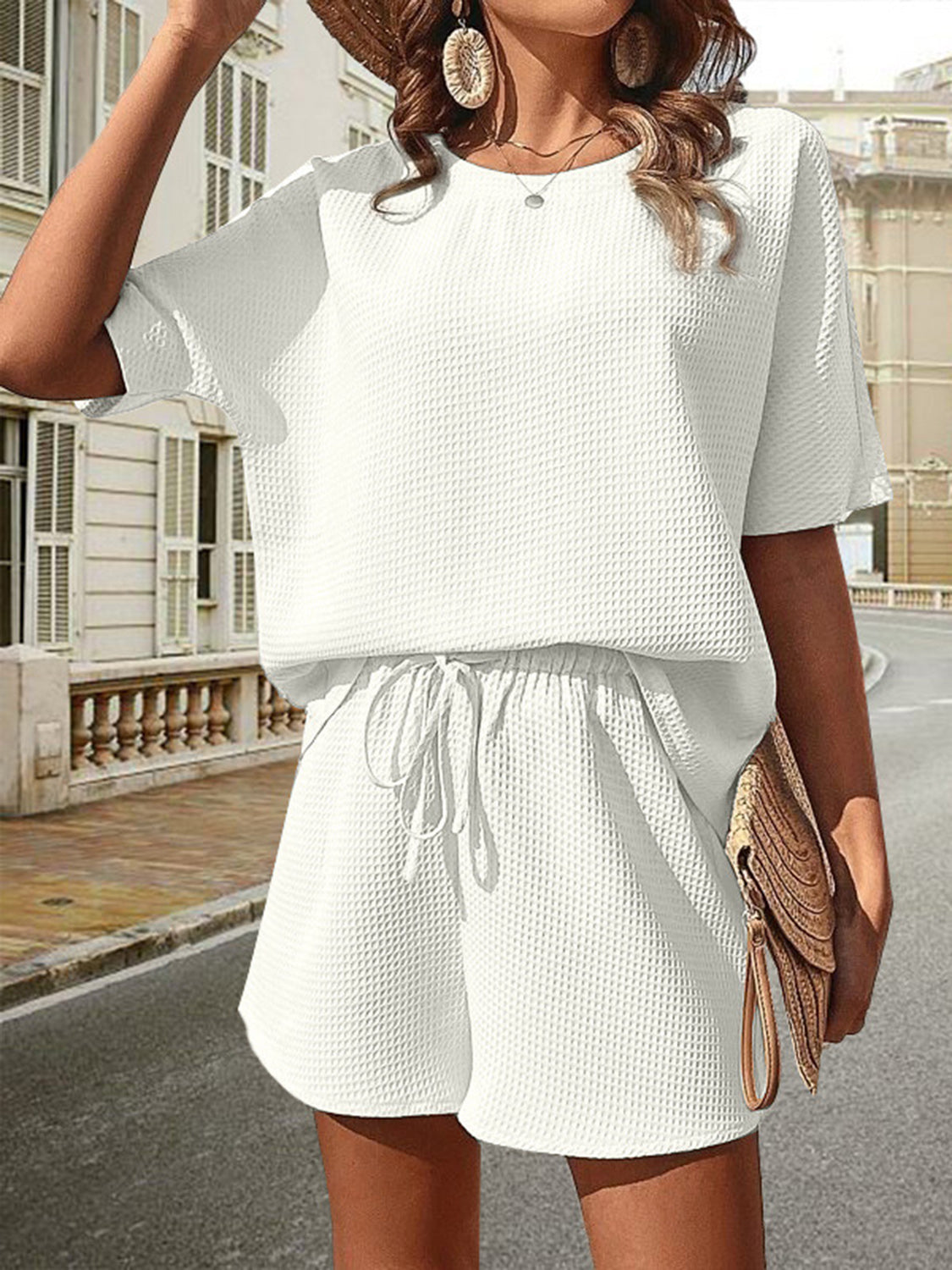 Waffle-Knit Half Sleeve Top and Shorts Set - MyEmpired