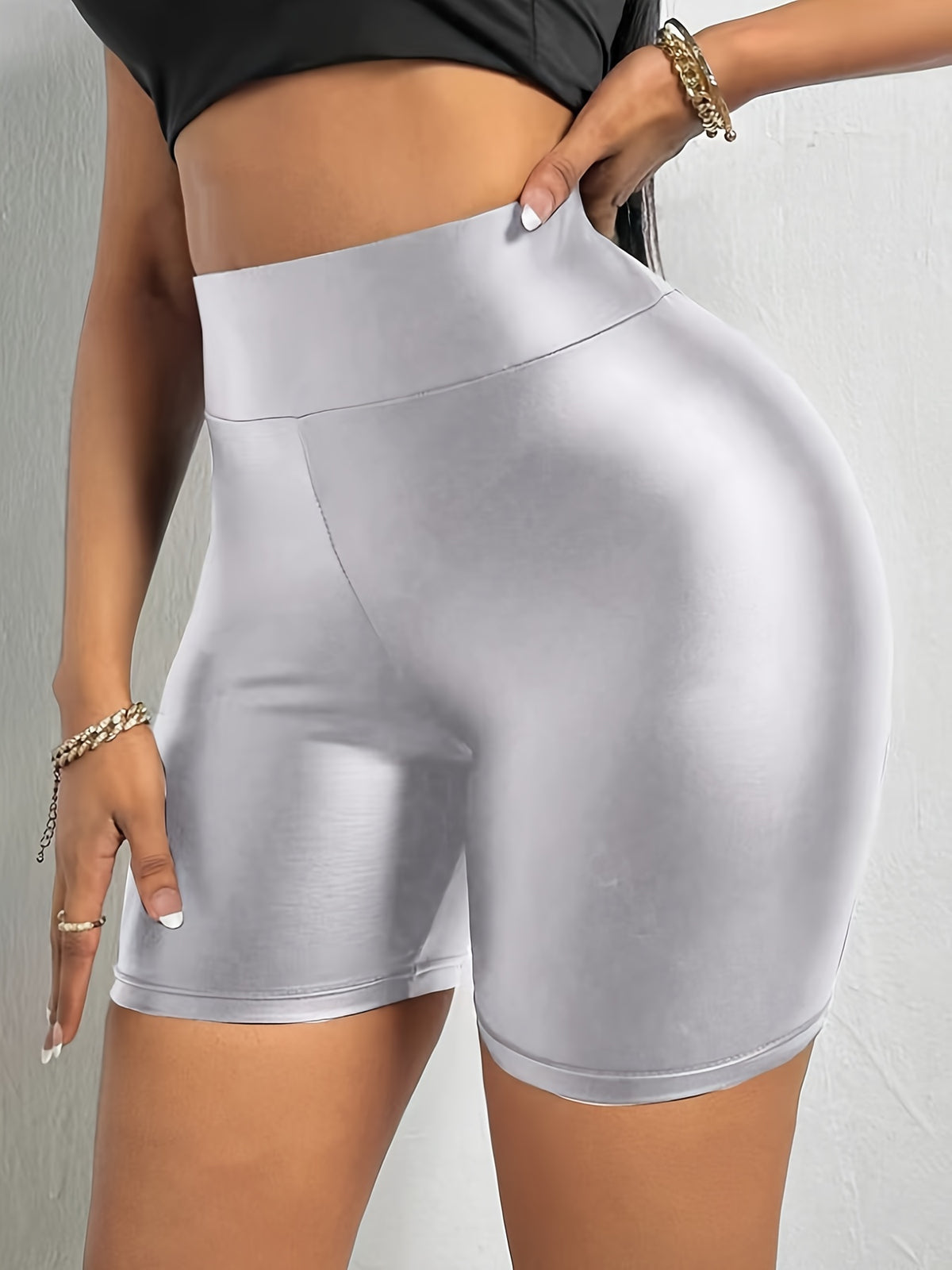Faux Leather Solid Color Skinny Shorts, Elegant High Waist Shorts For Spring & Summer, Women&