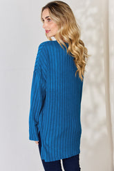 Basic Bae Full Size Ribbed Half Button Long Sleeve High-Low T-Shirt - MyEmpired