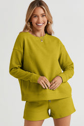 Double Take Full Size Texture Long Sleeve Top and Drawstring Shorts Set - MyEmpired