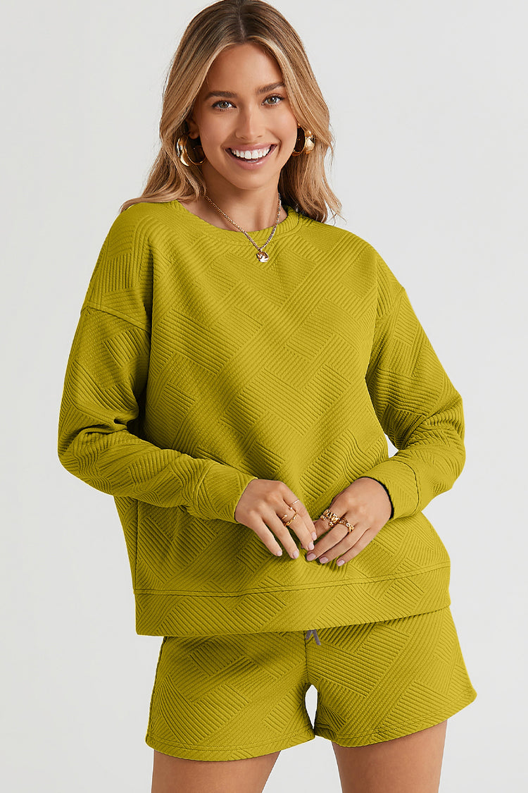 Double Take Full Size Texture Long Sleeve Top and Drawstring Shorts Set - MyEmpired