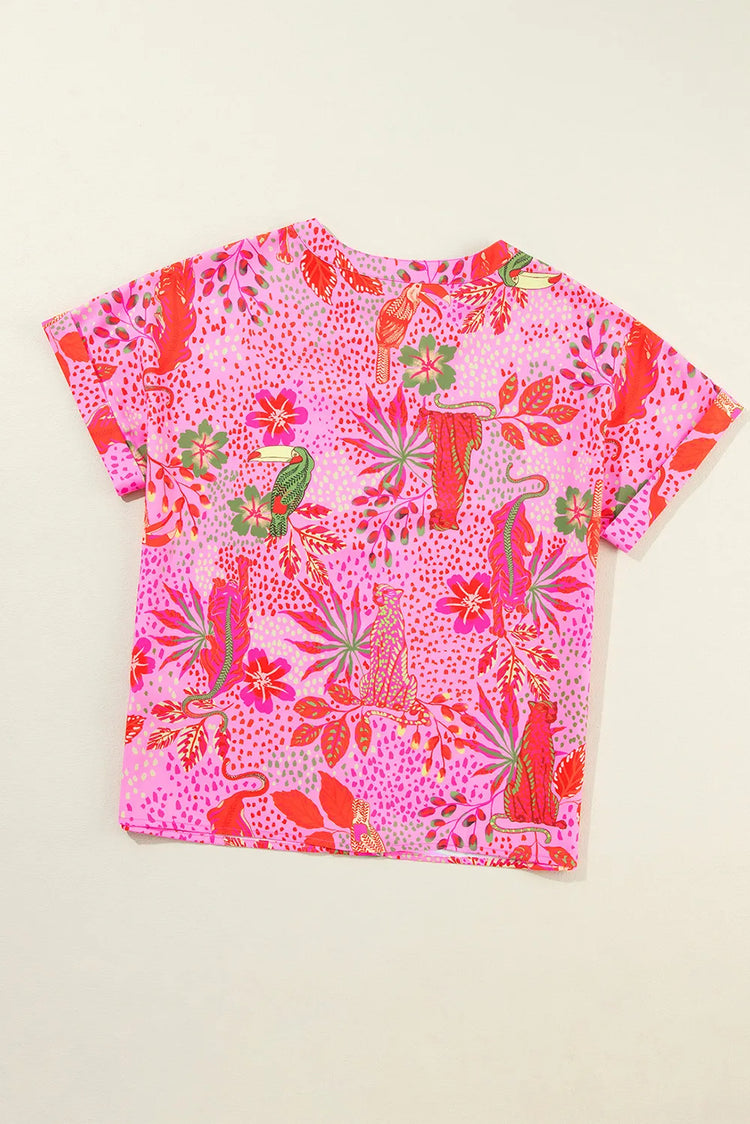 Printed Notched Short Sleeve Top - MyEmpired