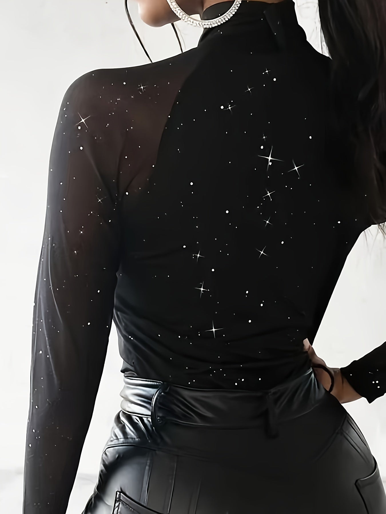 Elegant Starry Sky Sequin Embellished High Neck Sheer Mesh,Skinny Fit Long Sleeve Knit Polyester Top - All Season Elegant Collection