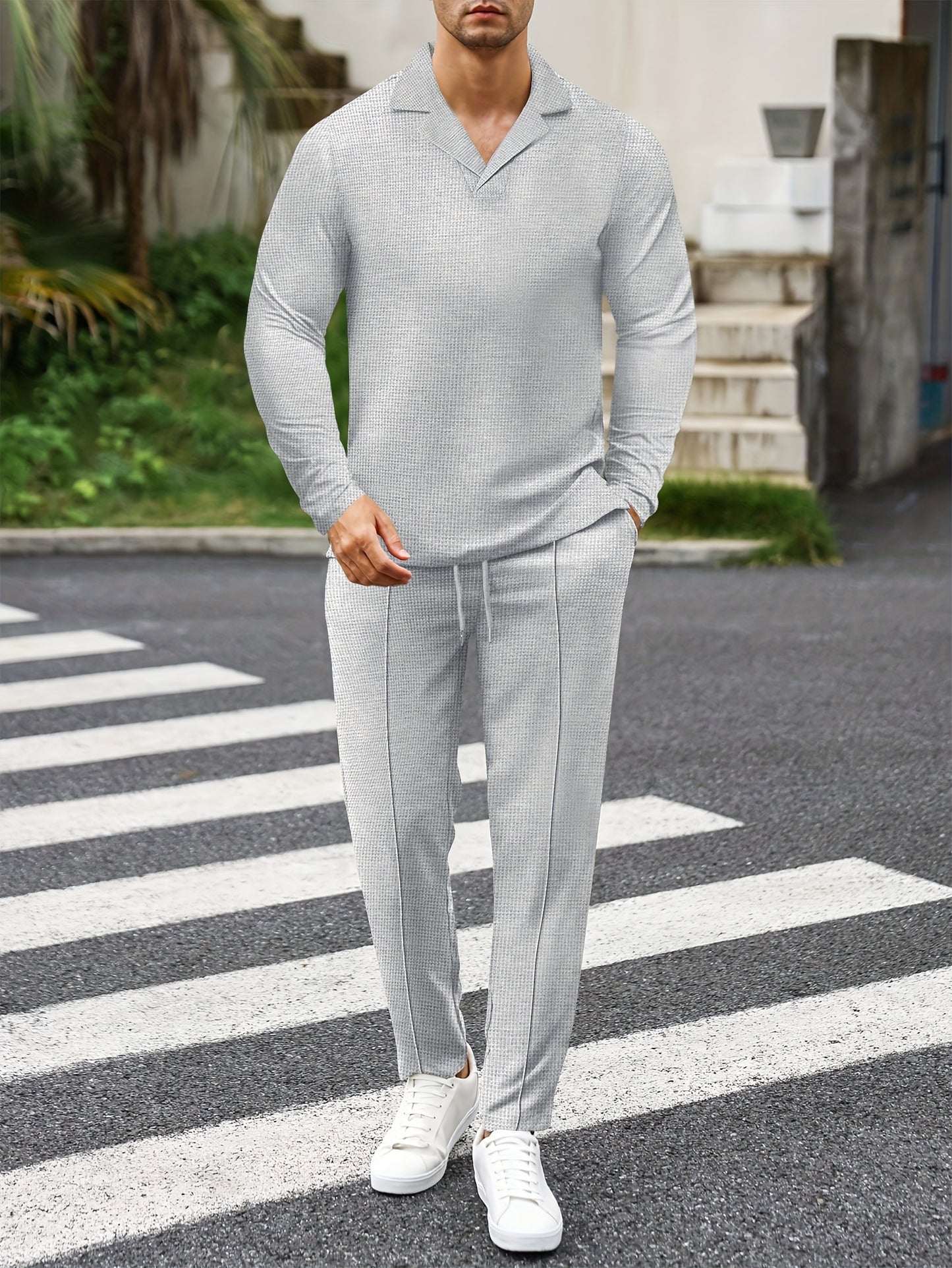 Men's Solid Color Casual Outfit Set, Long Sleeve Lapel Collar Shirt And Pants Set For Casual Daily Wear