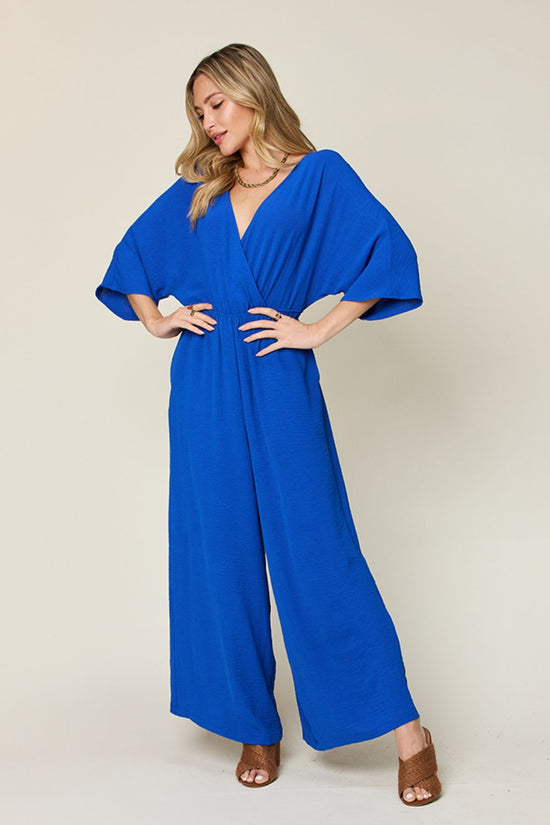 Double Take Full Size Surplice Wide Leg Jumpsuit with Pockets - MyEmpired