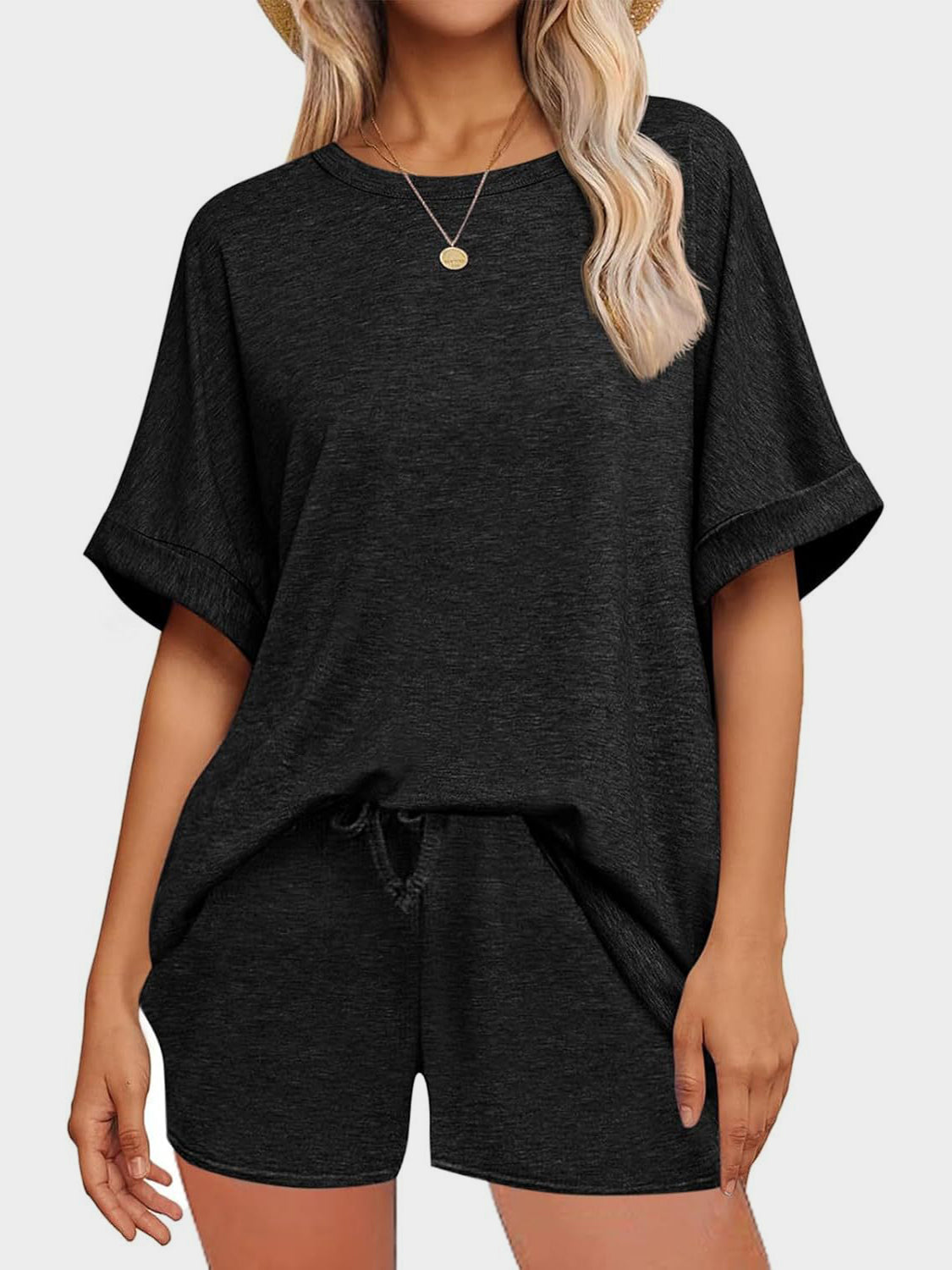 Round Neck T-Shirt and Drawstring Shorts Set - MyEmpired