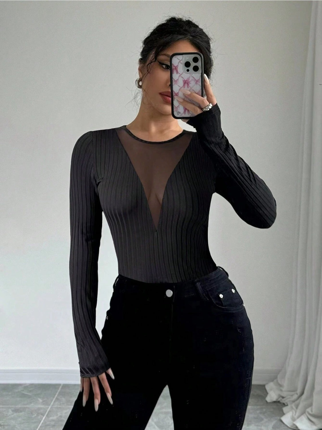 Mesh Detail Round Neck Long Sleeve Top - MyEmpired