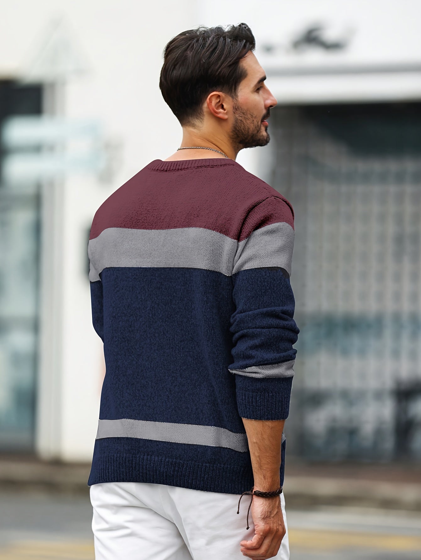 Men's Color Blocking Textured Knit Sweater For Autumn And Winter, Casual Business Trendy Pullover As Gift, Outdoor Cloth