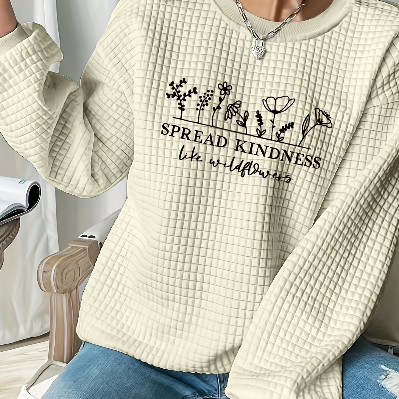 Women's Casual Long Sleeve Sweatshirt with Floral Print, Polyester Waffle Knit Pullover, Round Neck, Loose Fit, for Daily and Leisure Wear, Fall/Winter Collection