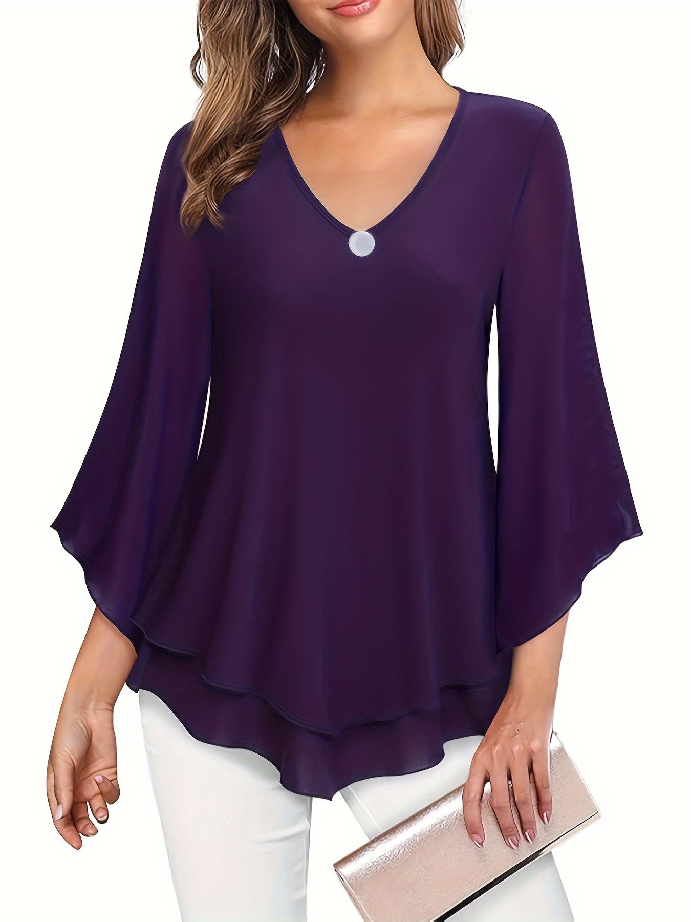 Solid Color V-neck Blouse, Casual Flare Sleeve Layered Hem Top For Spring & Fall, Women's Clothing