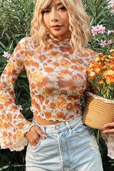 Printed Mock Neck Flare Sleeve Top - MyEmpired