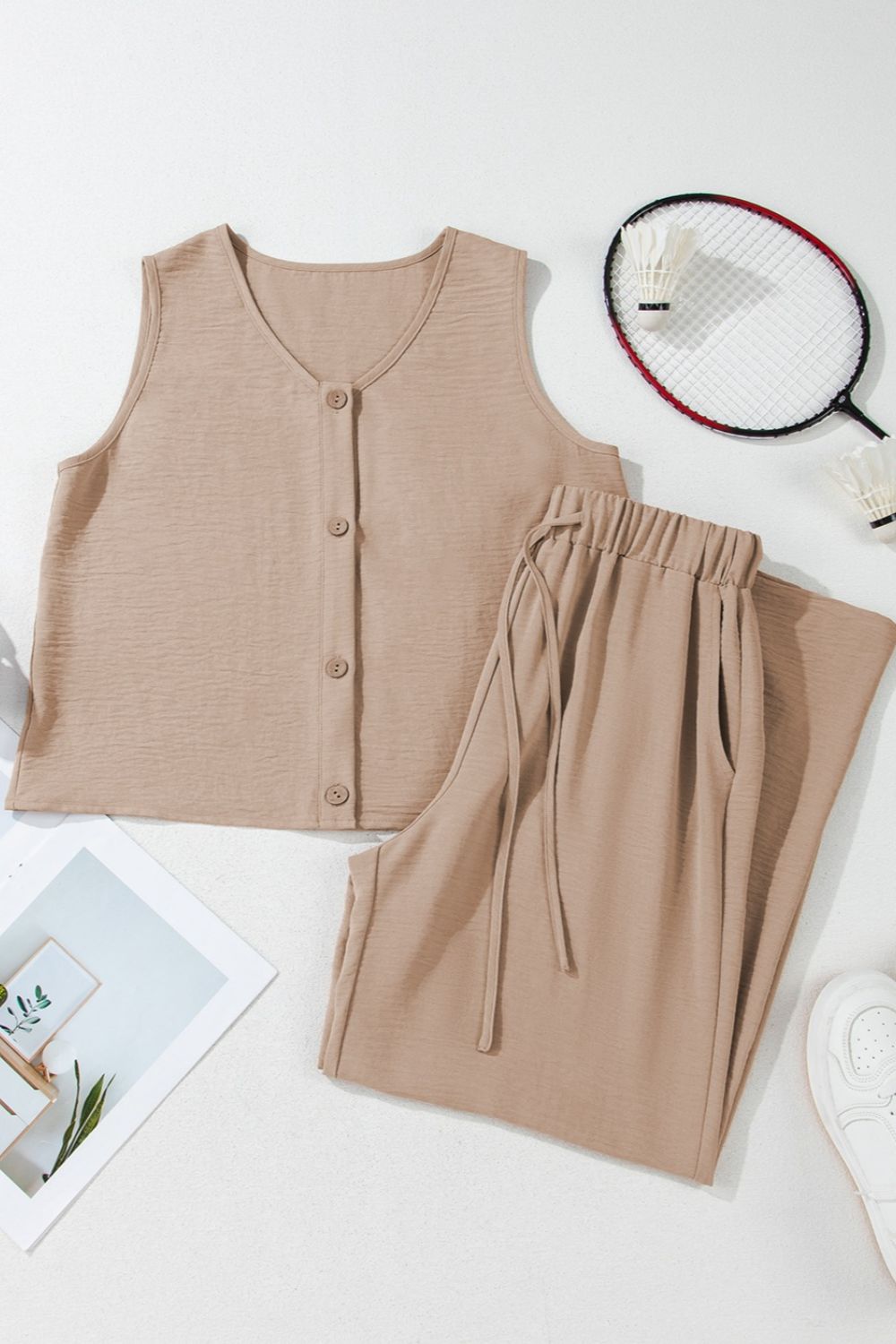 Button Down Vest and Drawstring Wide Leg Pants Set - MyEmpired