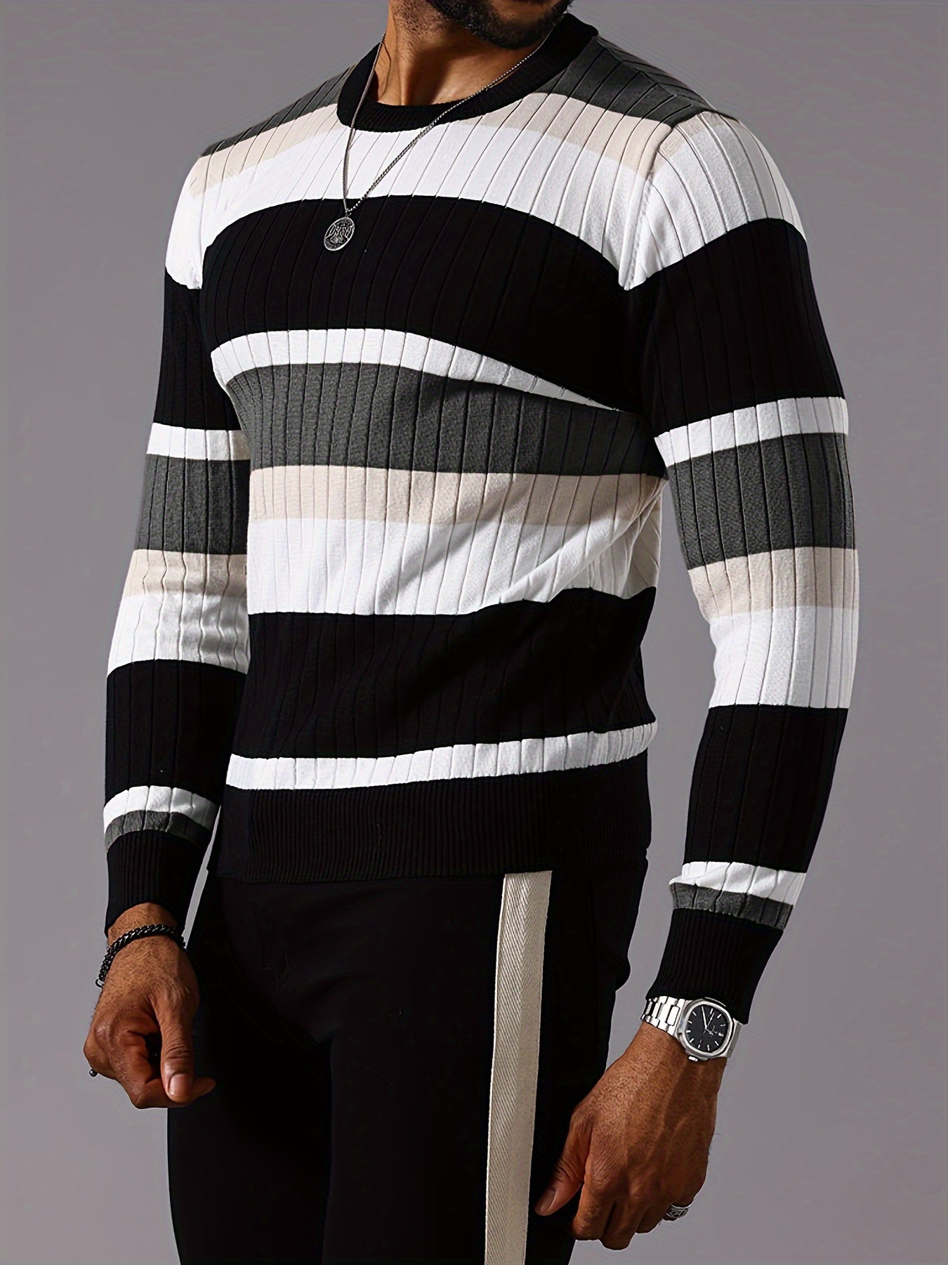 Men's Casual Striped Color Block Long Sleeve Knit Pullover - Round Neck, Machine Washable, Striped, Round Neck, Long Sleeve, Knit Sweater