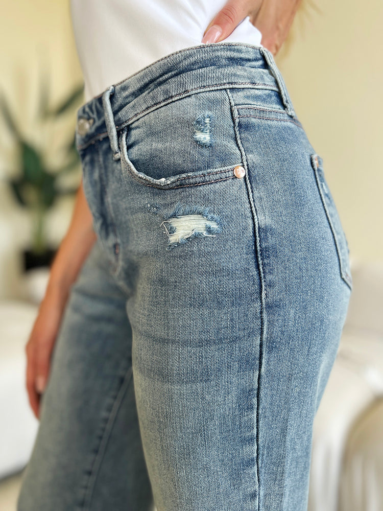 Judy Blue Full Size Mid Rise Distressed Straight Jeans - MyEmpired