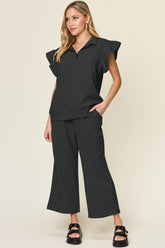 Double Take Texture Ruffle Short Sleeve Top and Drawstring Wide Leg Pants Set - MyEmpired