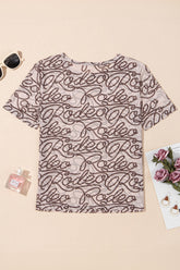 Printed Round Neck Short Sleeve Mesh T-Shirt - MyEmpired