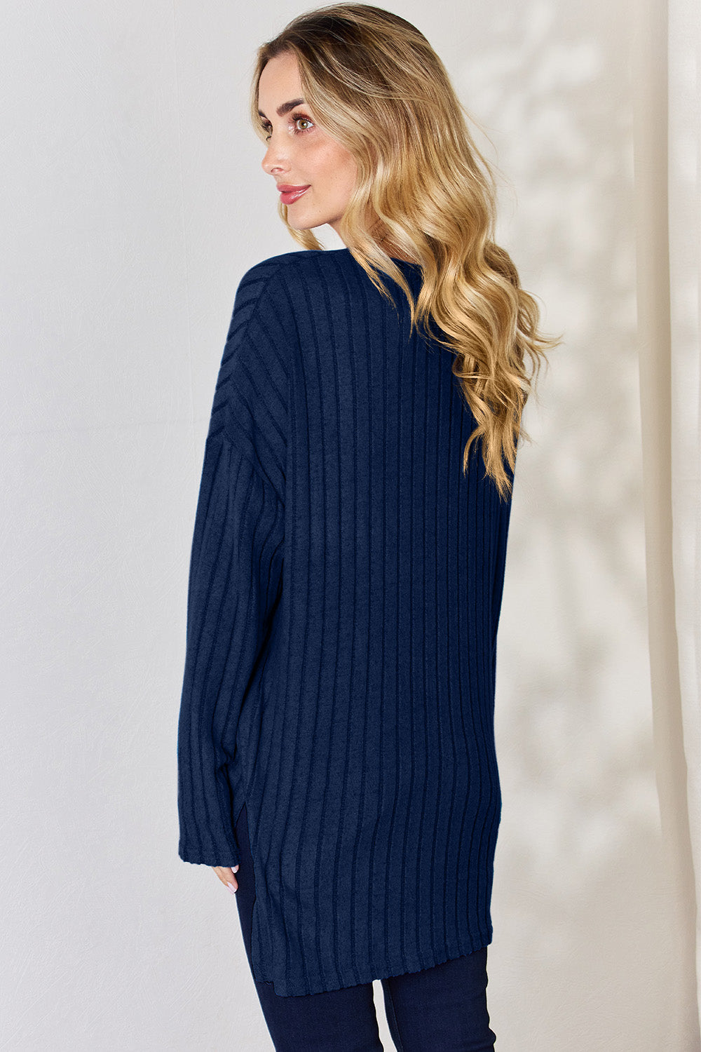 Basic Bae Full Size Ribbed Half Button Long Sleeve High-Low T-Shirt - MyEmpired