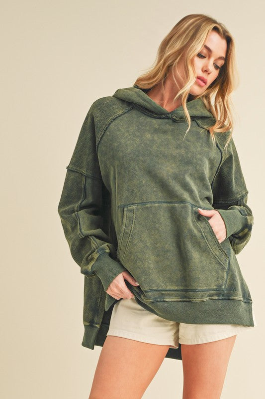 Aemi + Co Exposed Seam Side Slit Hoodie with Kangaroo Pocket - MyEmpired