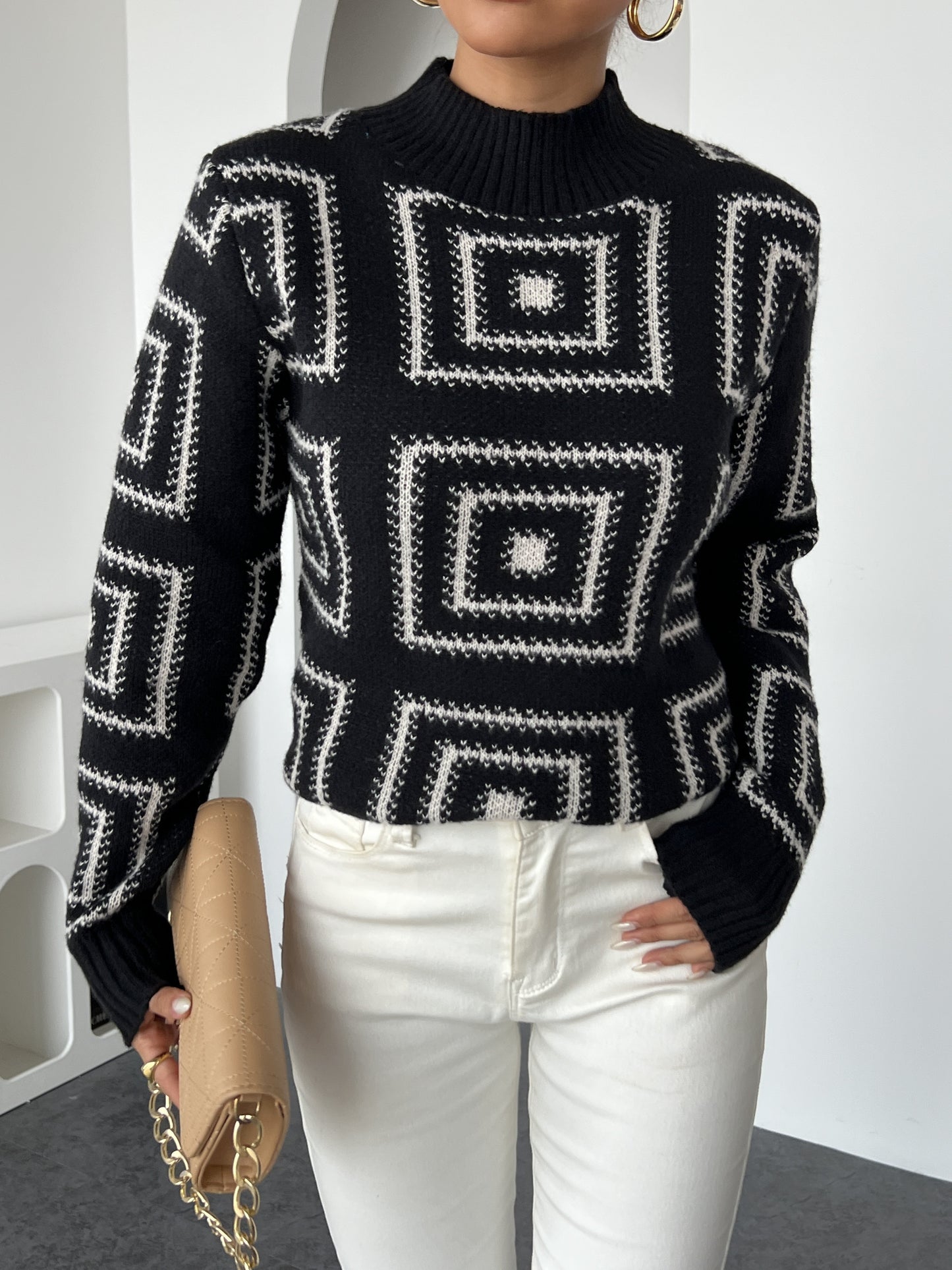 Geometric Pattern Mock Neck Sweater, Elegant Long Sleeve Sweater For Fall & Winter, Women's Clothing