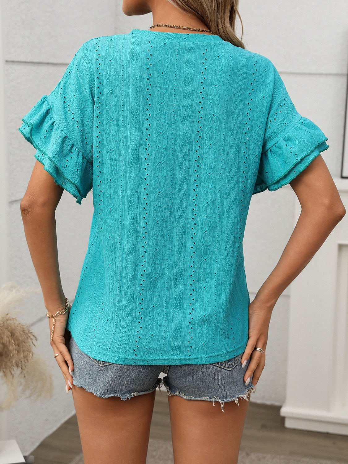 Eyelet Round Neck Flounce Sleeve Top - MyEmpired