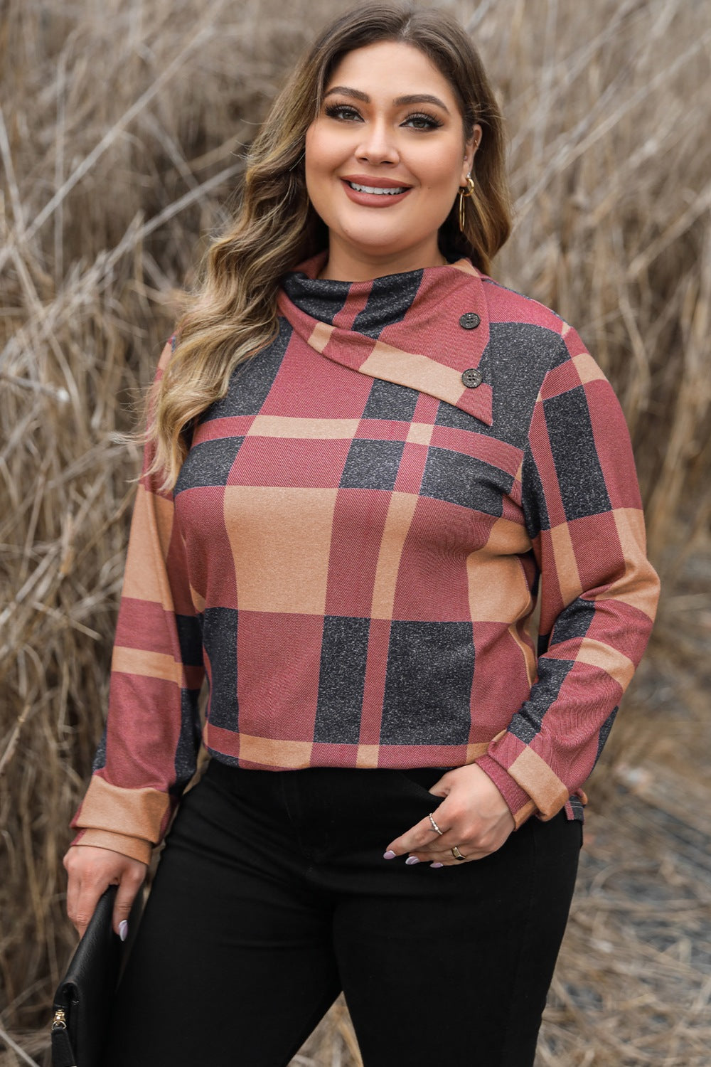 Plus Size Plaid Cowl Neck Long Sleeve Sweatshirt - MyEmpired