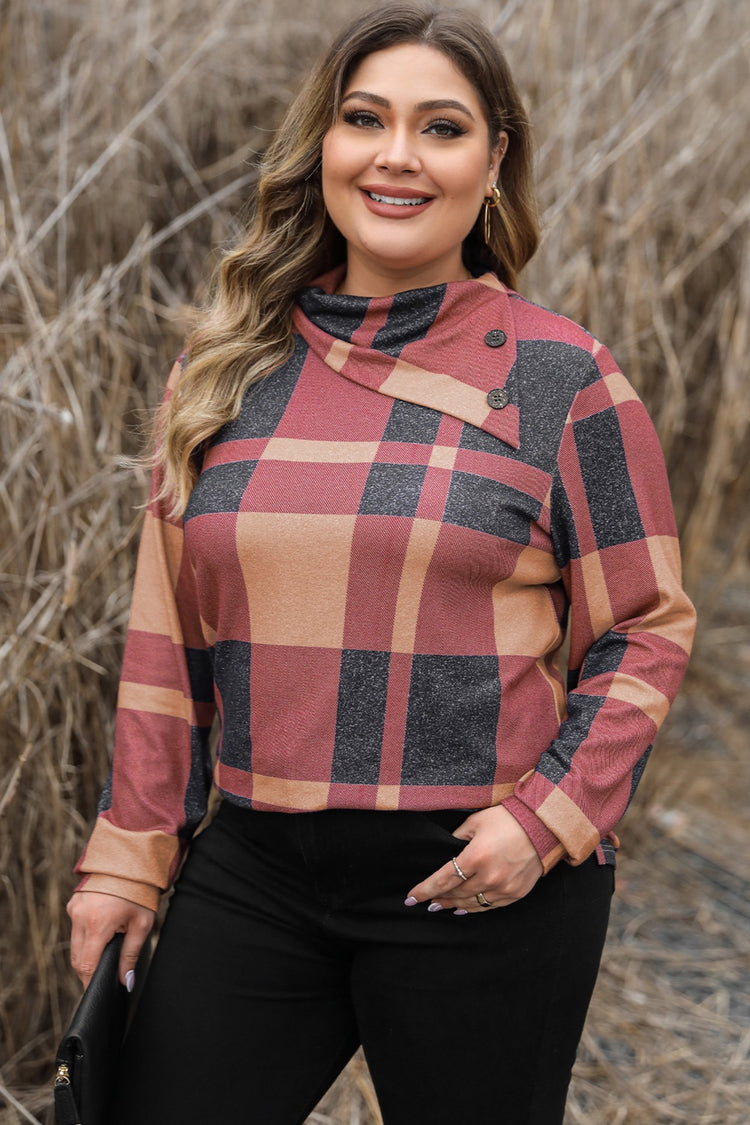 Plus Size Plaid Cowl Neck Long Sleeve Sweatshirt - MyEmpired