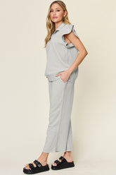 Double Take Texture Ruffle Short Sleeve Top and Drawstring Wide Leg Pants Set - MyEmpired
