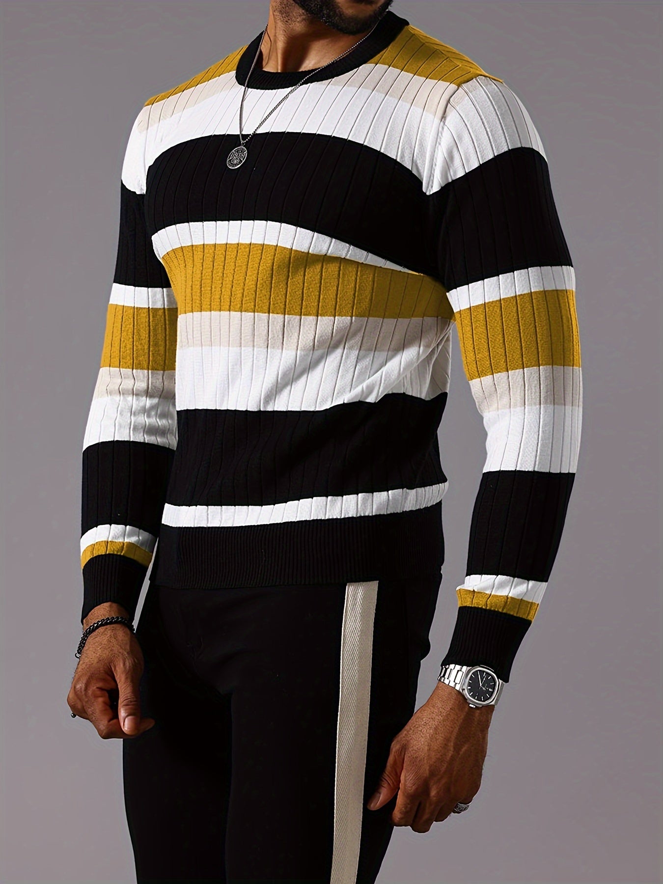 Men's Casual Striped Color Block Long Sleeve Knit Pullover - Round Neck, Machine Washable, Striped, Round Neck, Long Sleeve, Knit Sweater