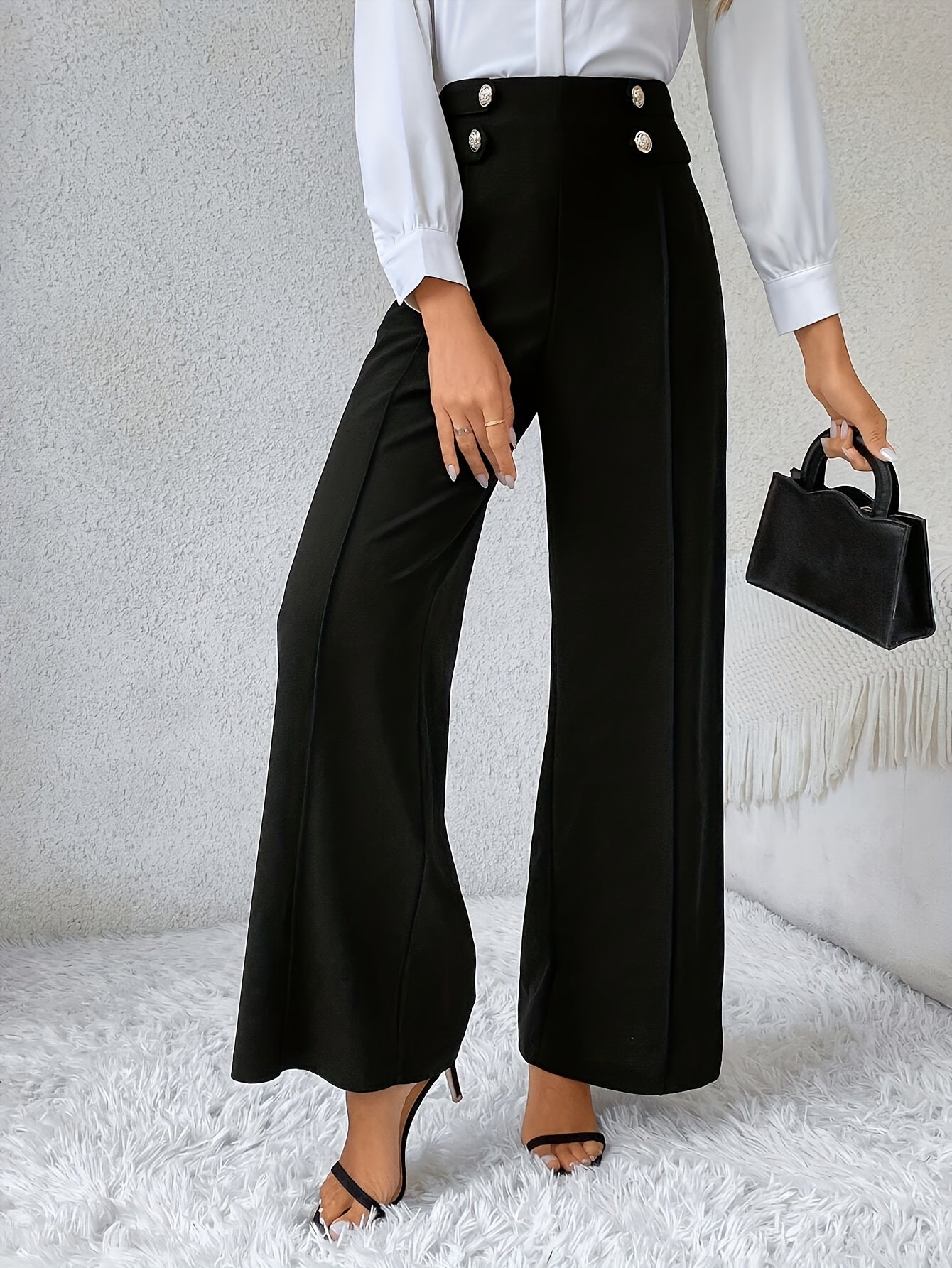 Women's Fashion Wide-Leg Trousers, Double-Button Design, Elegant Long Pants, Solid Color, Polyester, Regular Fit, All-Season, Adult Size, Woven Fabric