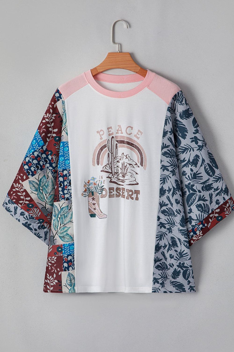 Peace Desert Graphic Asymmetric Printed Patchwork Sleeve Top - MyEmpired