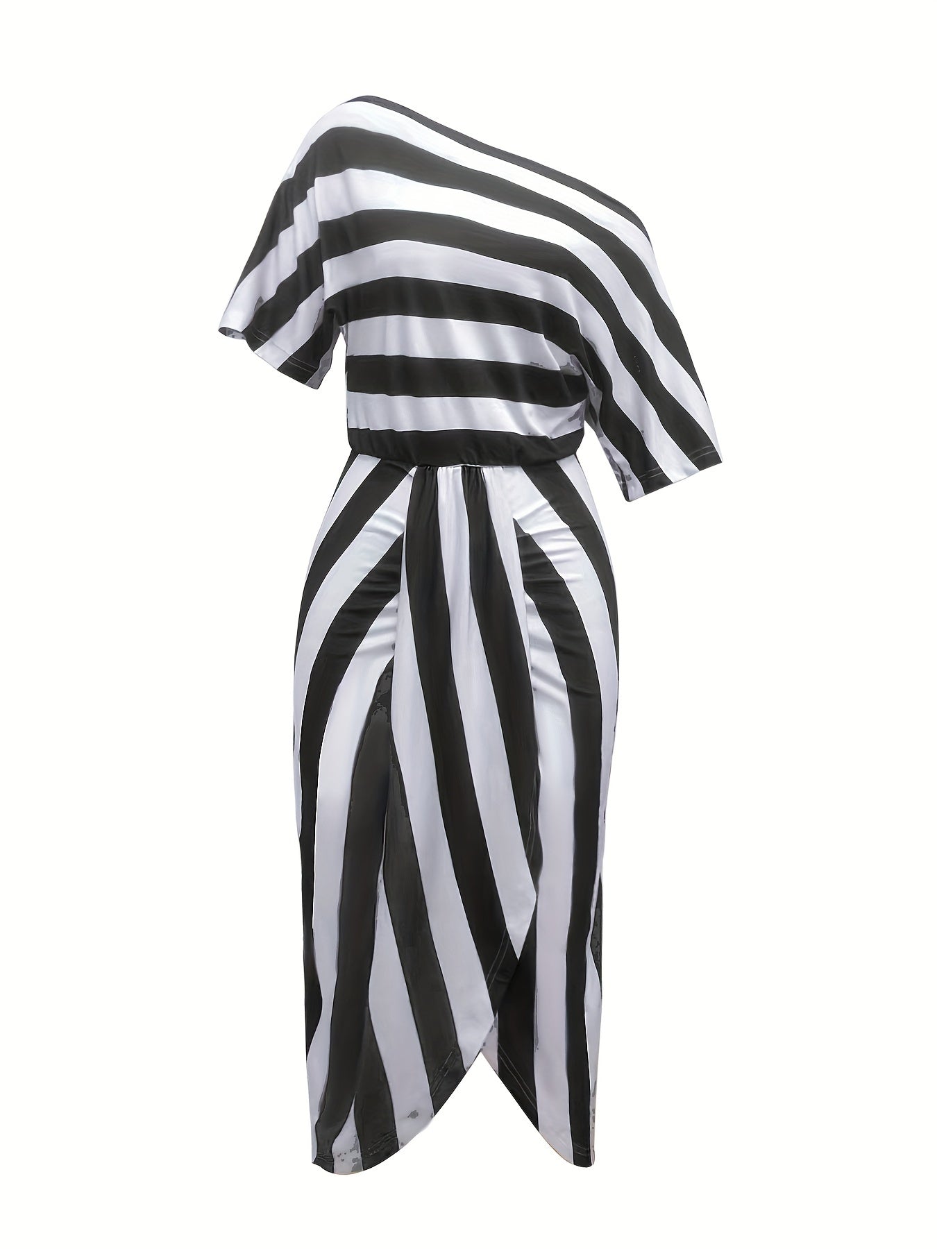 Striped One Shoulder Split Dress - MyEmpired