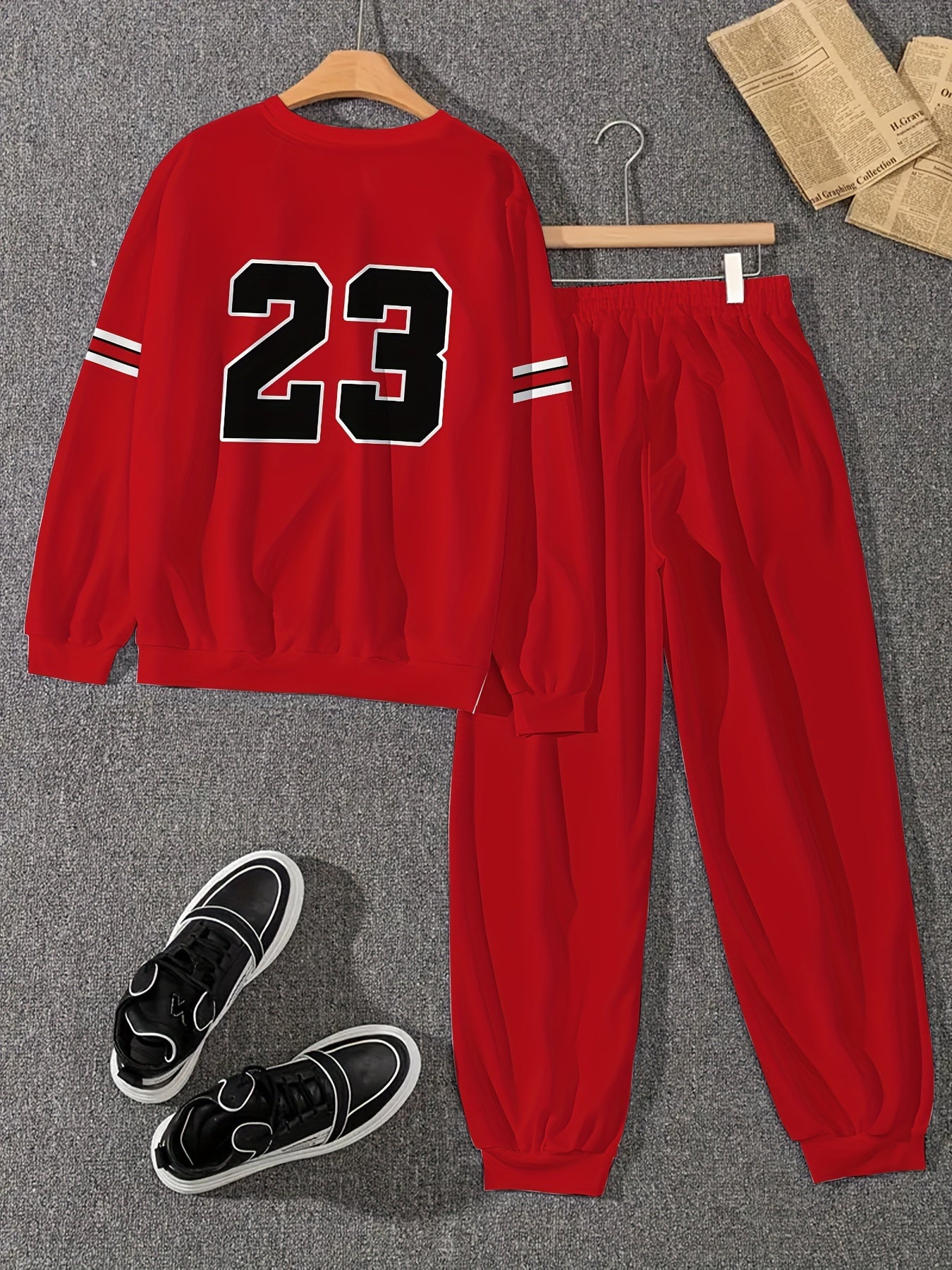 Men's Novelty Outfit Set, Chicago 23 Print, Casual Style, Polyester Knit Sweatshirt and Pants, Long Sleeve, Round Neck, Elastic Fabric, Loose Fit, Novelty Clothing for Men