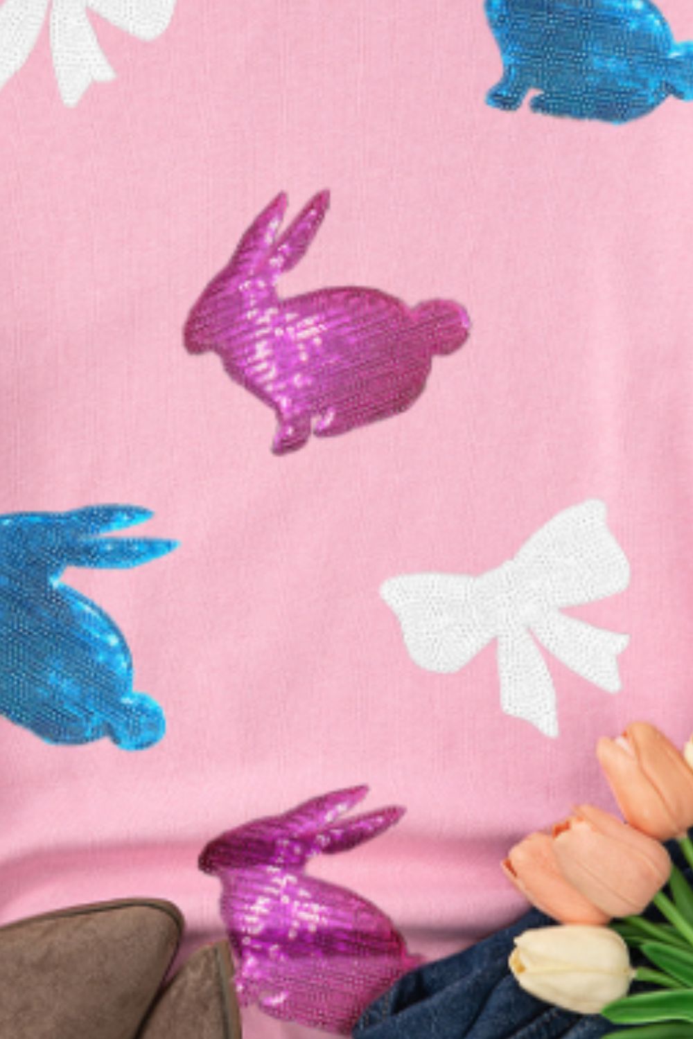 Easter Bunny Bow Knot Sequined Sweatshirt - MyEmpired