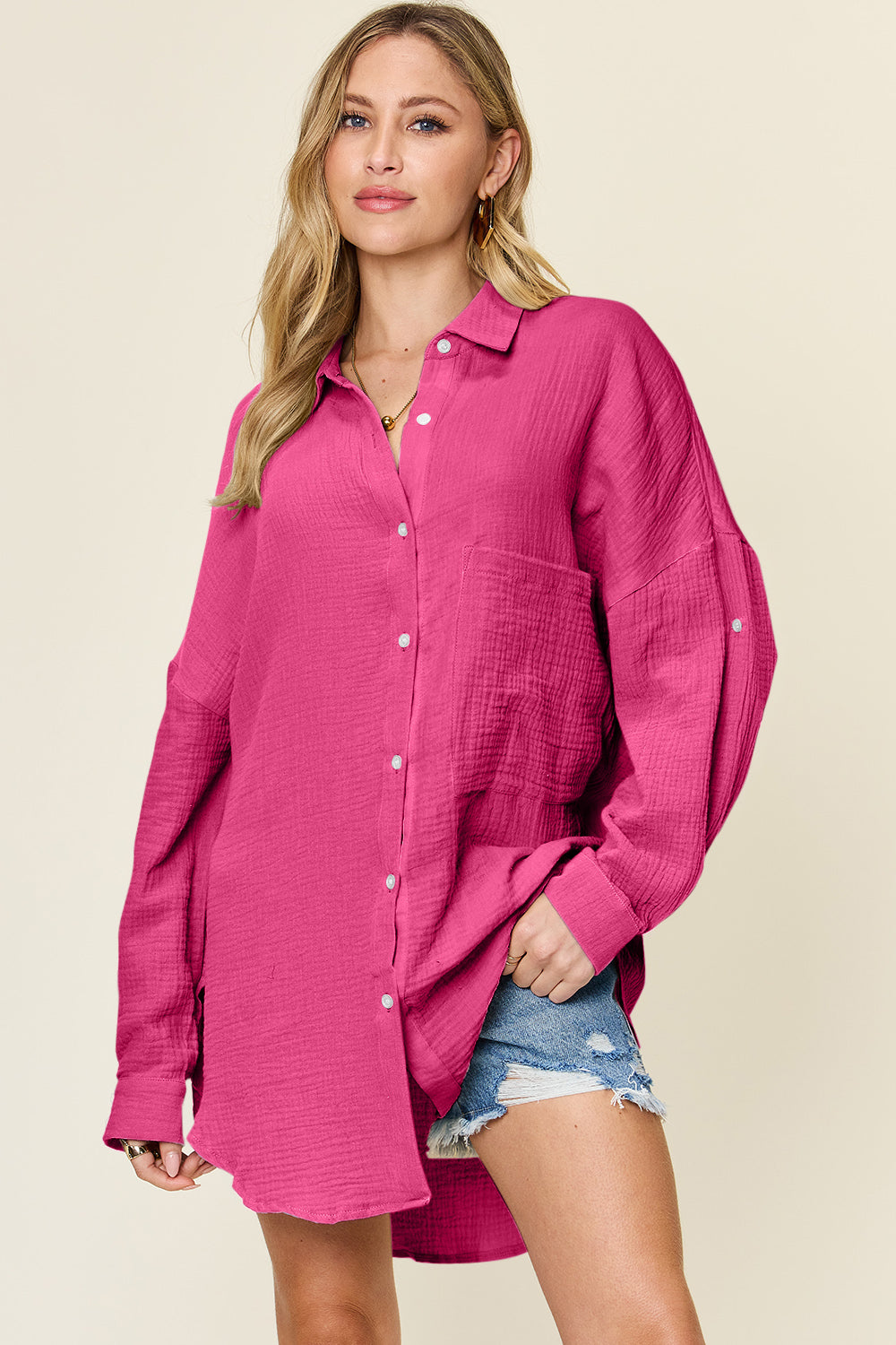 Double Take Full Size Pocketed Texture Button Up Shirt - MyEmpired