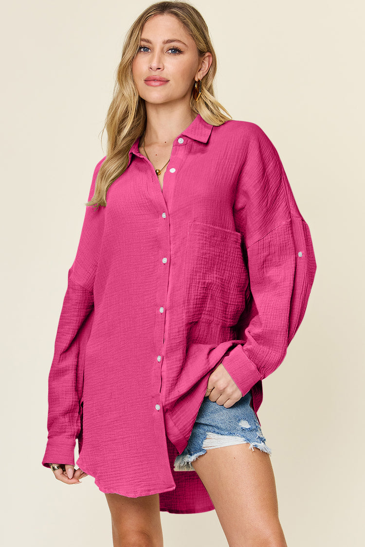 Double Take Full Size Pocketed Texture Button Up Shirt - MyEmpired