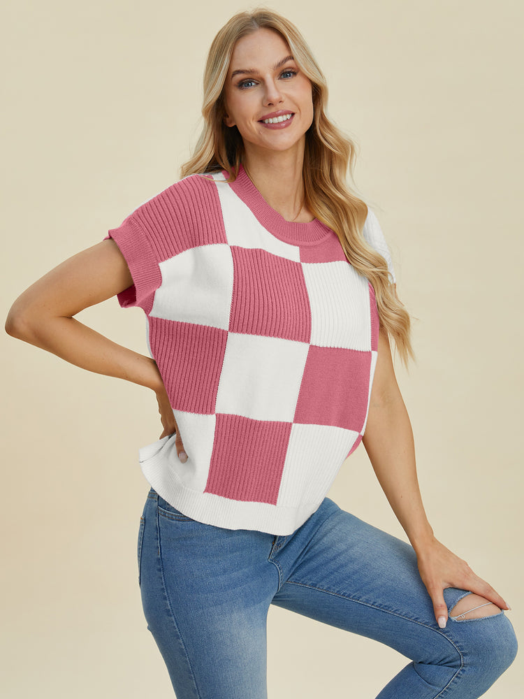 Double Take Full Size Checkered Round Neck Short Sleeve Sweater - MyEmpired