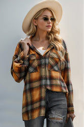 Double Take Drawstring Plaid Long Sleeve Hooded Shacket - MyEmpired