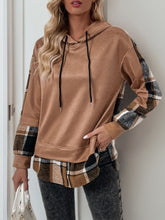 Perfee Drawstring Slit Plaid Long Sleeve Hoodie - MyEmpired