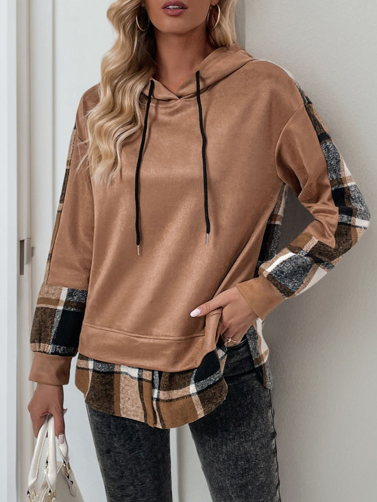 Perfee Drawstring Slit Plaid Long Sleeve Hoodie - MyEmpired