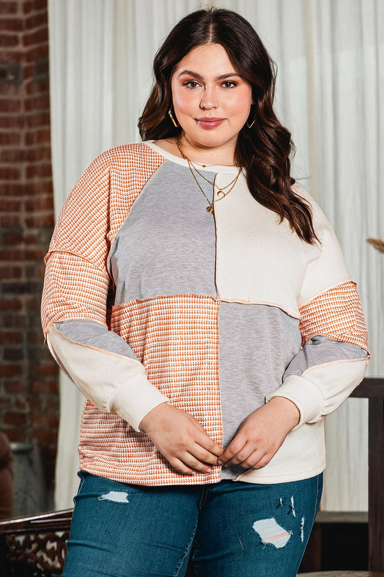Plus Size Exposed Seam Color Block Round Neck Sweatshirt - MyEmpired