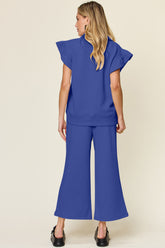 Double Take Texture Ruffle Short Sleeve Top and Drawstring Wide Leg Pants Set - MyEmpired