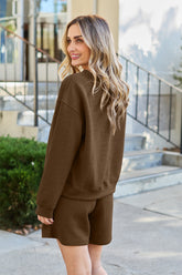 Double Take Full Size Texture Long Sleeve Top and Drawstring Shorts Set - MyEmpired