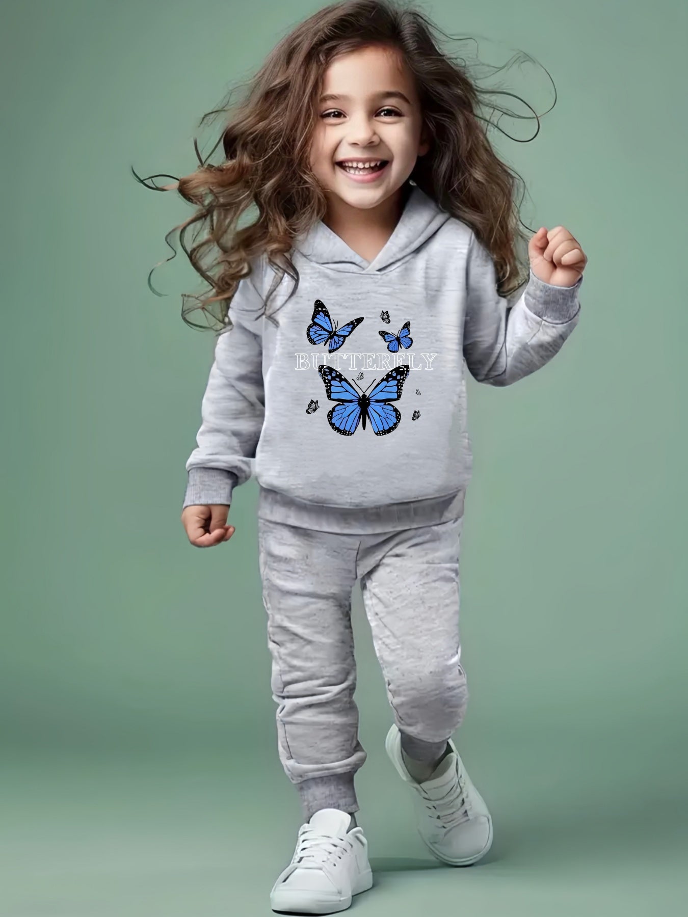 1set Girls' Casual Polyester Sweatshirt and Pants Set with Butterfly Applique, Knit Hoodie and Long Pants Outfit for Spring/Autumn, for Outdoor