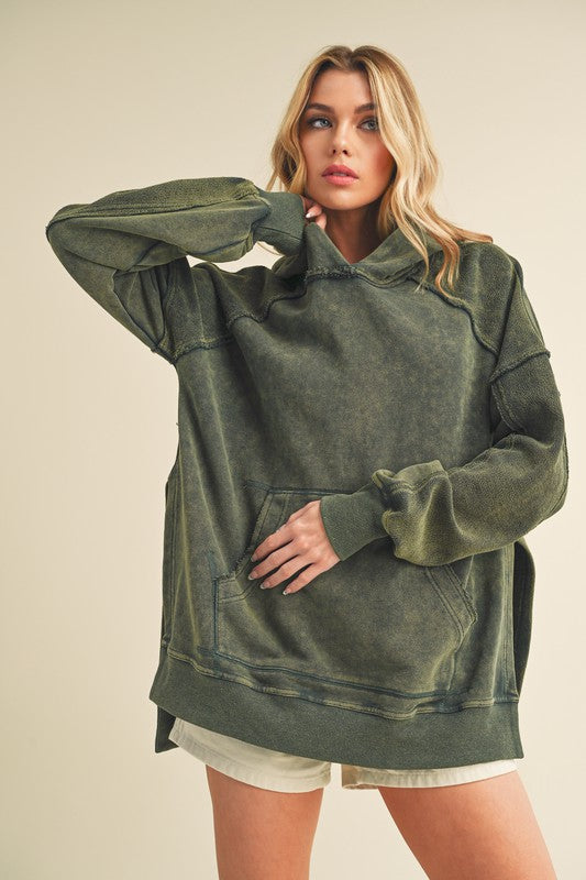 Aemi + Co Exposed Seam Side Slit Hoodie with Kangaroo Pocket - MyEmpired