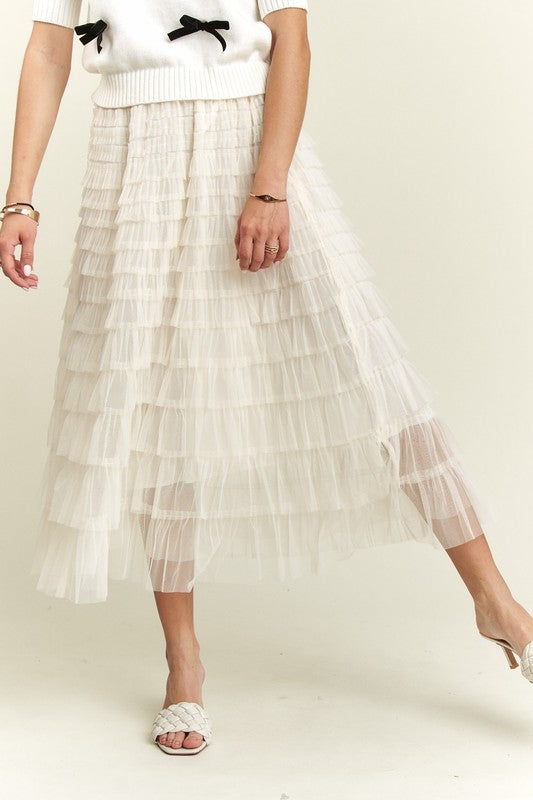 ADORA Elastic Waist Layered Mesh Midi Skirt - MyEmpired