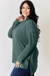 Basic Bae Full Size Ribbed Half Button Long Sleeve High-Low T-Shirt - MyEmpired