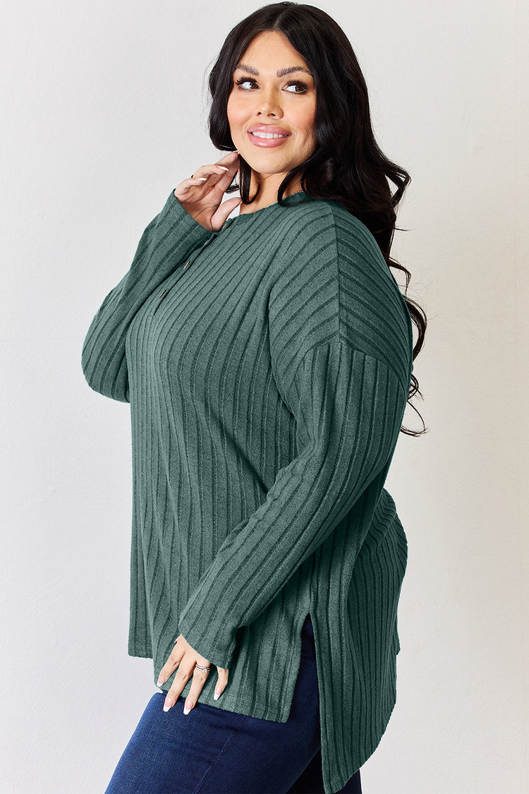 Basic Bae Full Size Ribbed Half Button Long Sleeve High-Low T-Shirt - MyEmpired