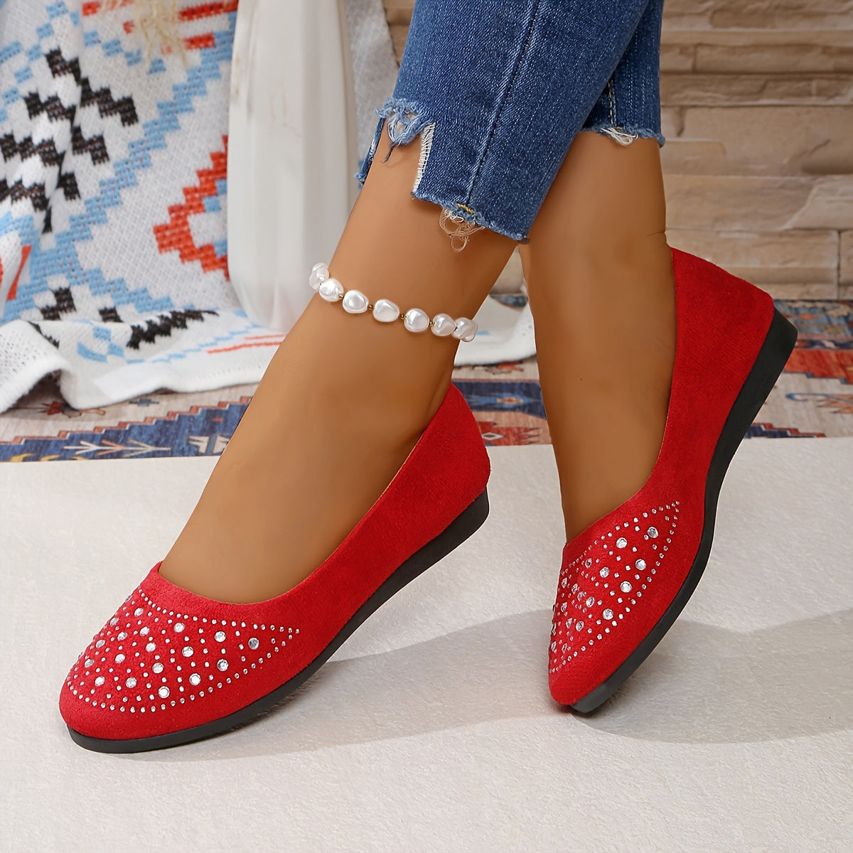 Elegant Women's Slip-On Flats with Rhinestone Accents - Comfortable, Lightweight Walking Shoes for All Seasons